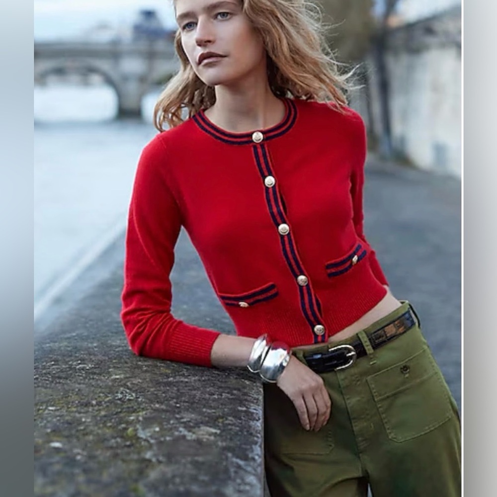 J. Crew Red Cropped Cardigan with Navy Trim